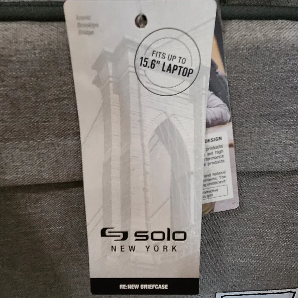 Solo New York Gray Re:New Recycled Adjustable Straps Laptop Briefcase Size 15.6